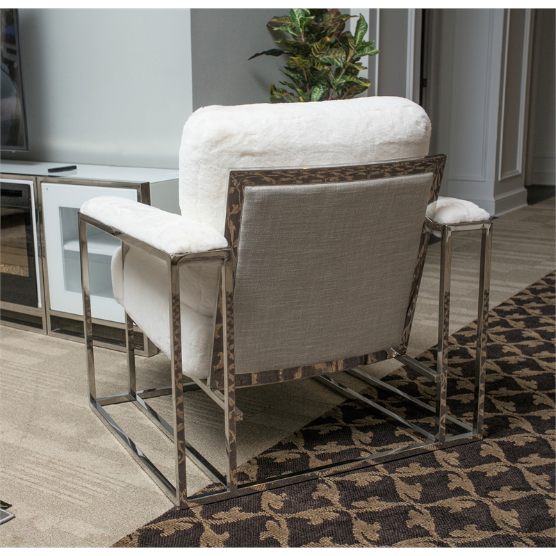 Michael Amini Astro Faux-Fur Accent Chair in Moonstone White/Stainless Steel