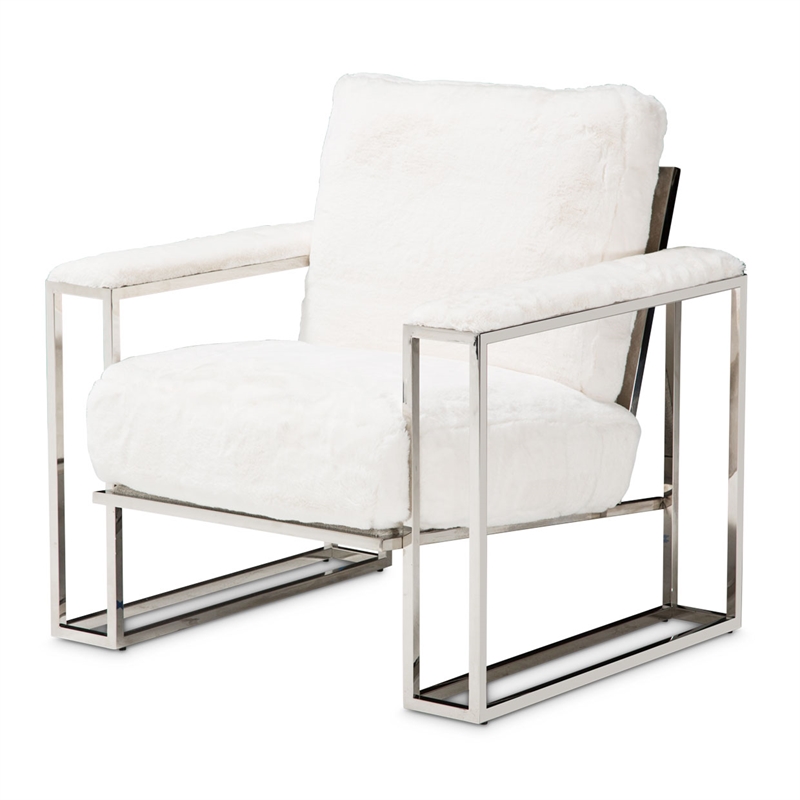 Michael Amini Astro Faux-Fur Accent Chair in Moonstone White/Stainless Steel