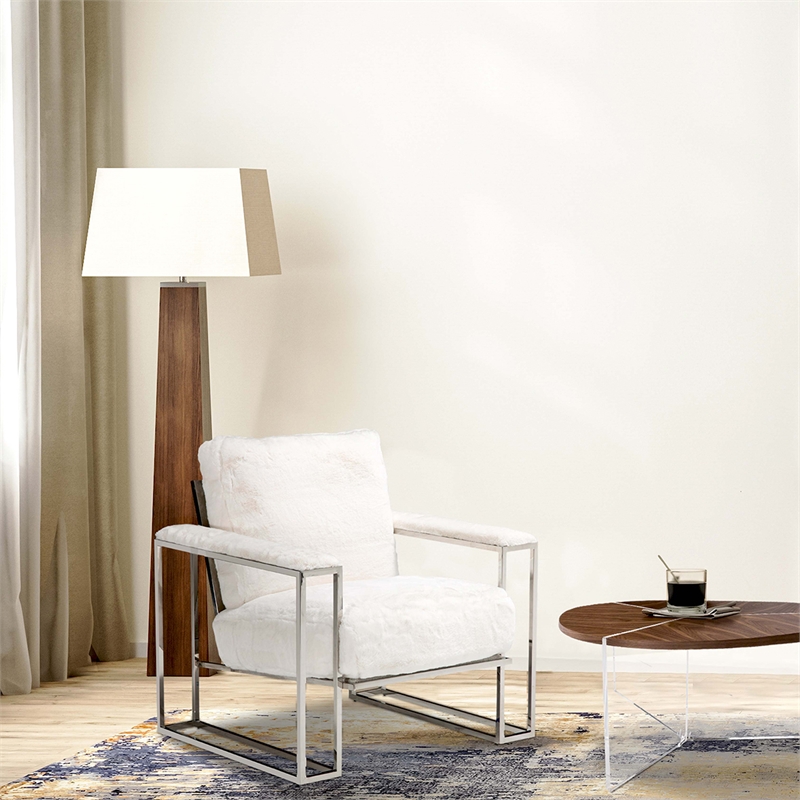 Michael Amini Astro Faux-Fur Accent Chair in Moonstone White/Stainless Steel