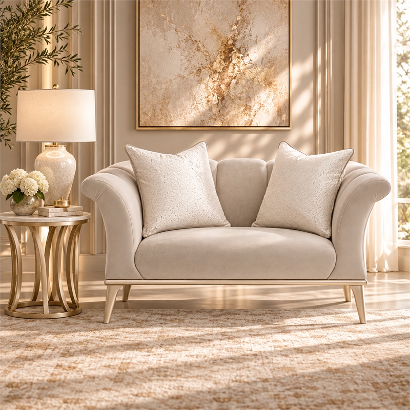 Michael Amini Yvette Chair and a Half in Porcini Velvet and Champagne Wood Frame