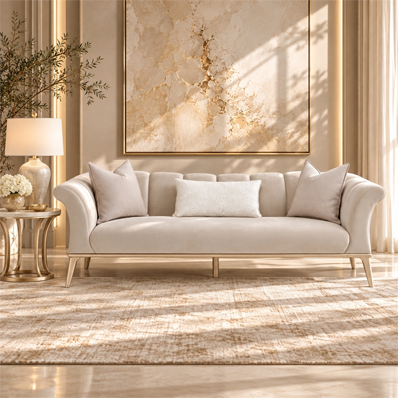 Michael Amini Yvette Sofa in Porcini Velvet and Champagne Wood Frame