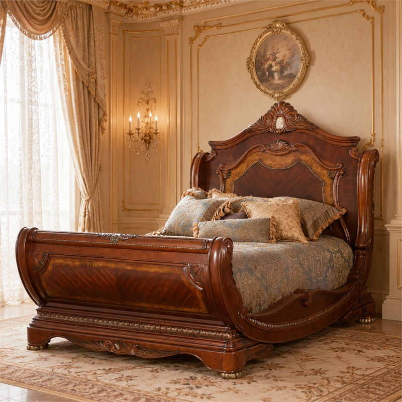 Cortina Eastern King Traditional Wood Sleigh Bed in Honey Walnut