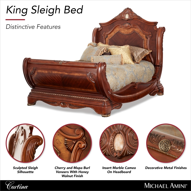 Cortina Eastern King Traditional Wood Sleigh Bed in Honey Walnut