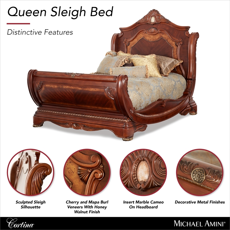 Cortina Queen Traditional Wood Sleigh Bed in Honey Walnut
