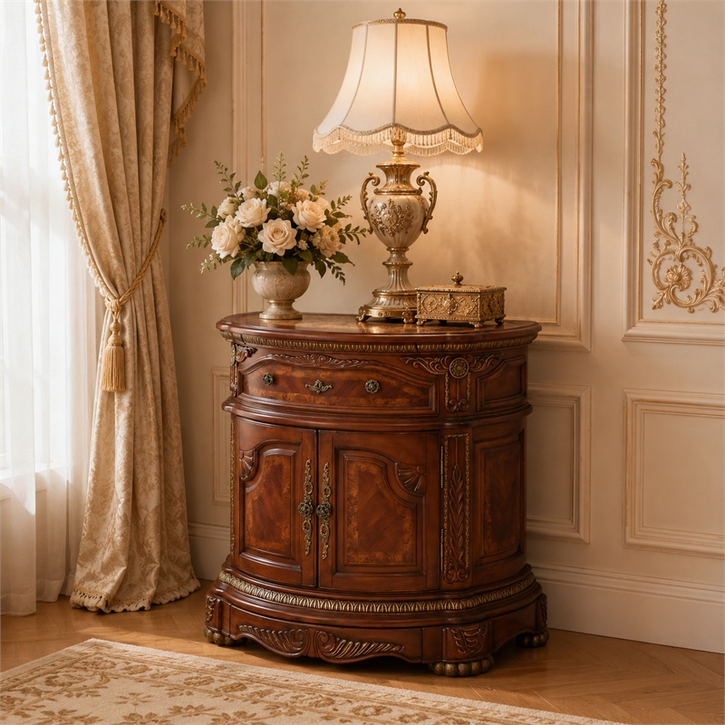 Cortina Traditional Wood & Marble Bedside Chest in Honey Walnut