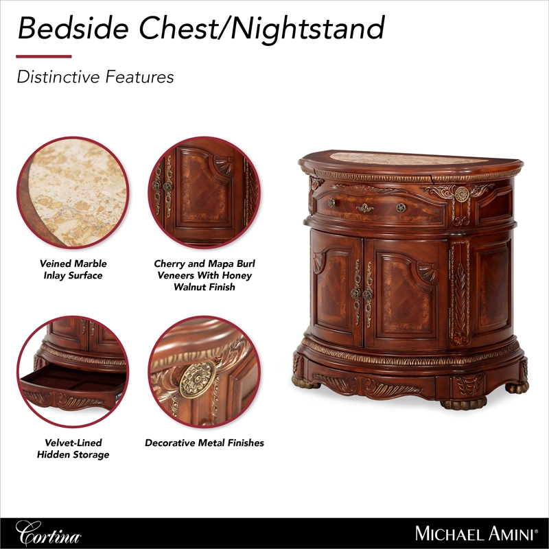 Cortina Traditional Wood & Marble Bedside Chest in Honey Walnut