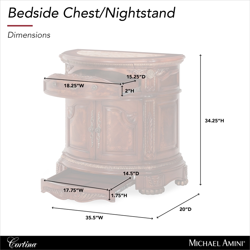 Cortina Traditional Wood & Marble Bedside Chest in Honey Walnut
