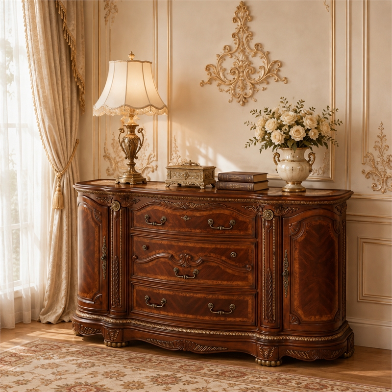 Cortina Traditional Wood & Marble Dresser in Honey Walnut