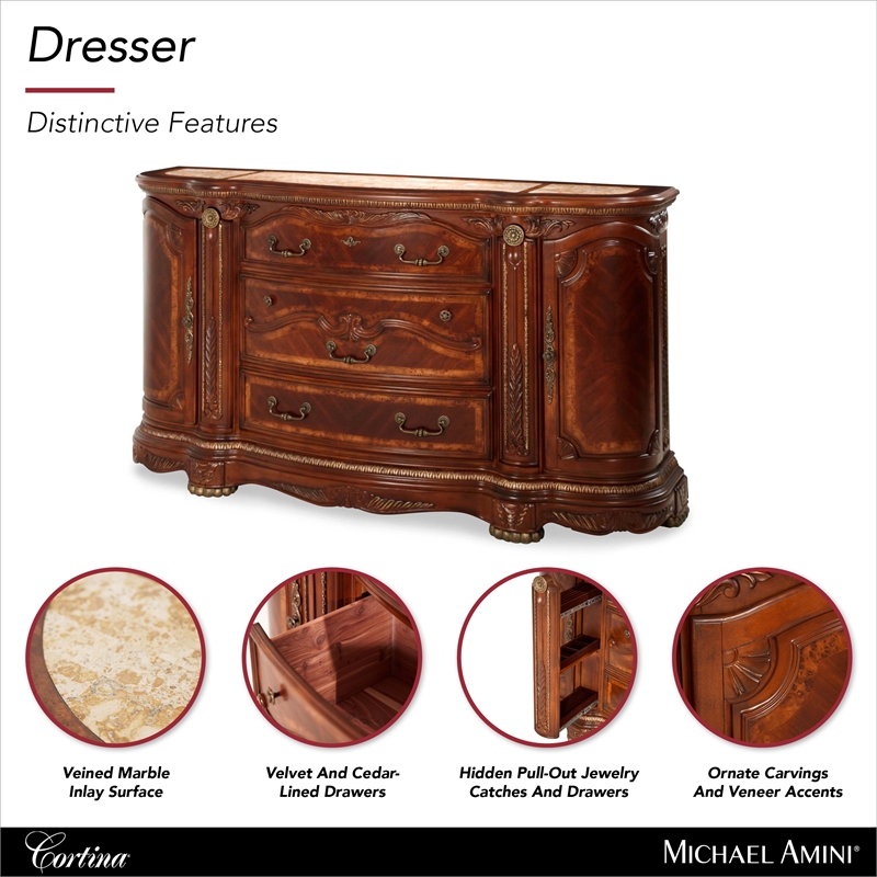 Cortina Traditional Wood & Marble Dresser in Honey Walnut