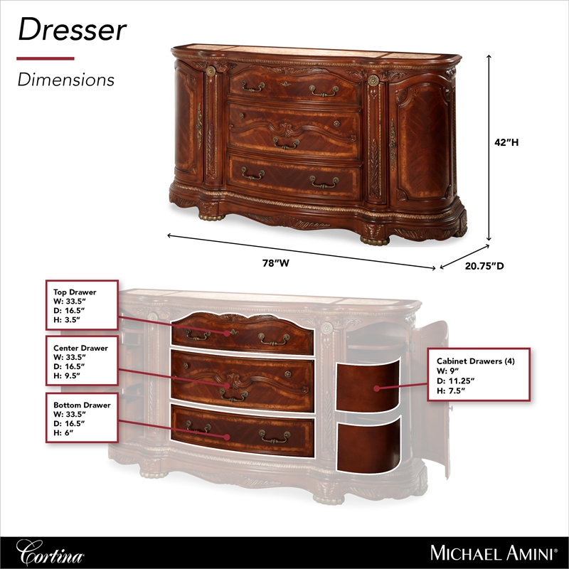 Cortina Traditional Wood & Marble Dresser in Honey Walnut