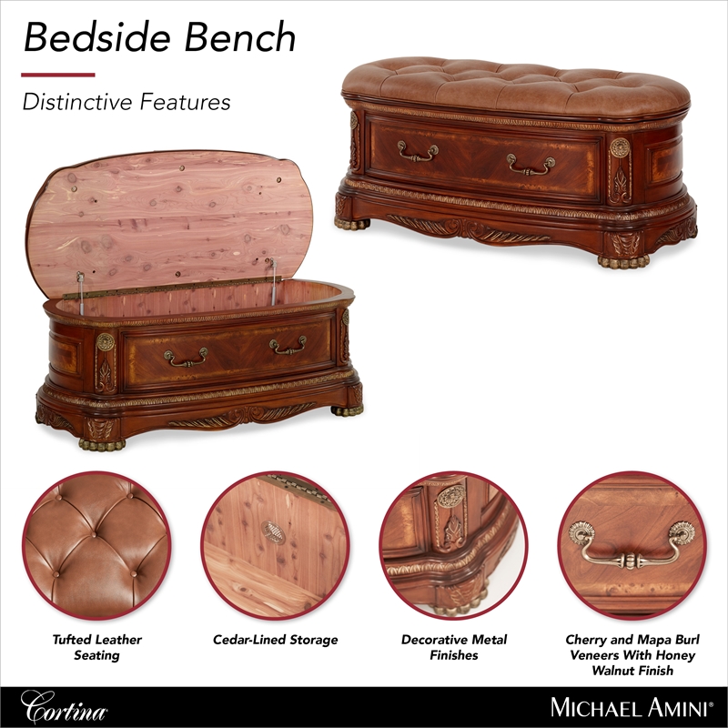Cortina Wood and Leather Accent Bench in Honey Walnut
