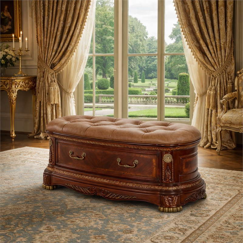 Cortina Wood and Leather Accent Bench in Honey Walnut