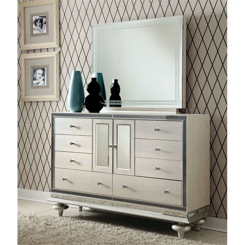 Michael Amini Hollywood Swank Upholstered Dresser with Mirror - Crystal Croc