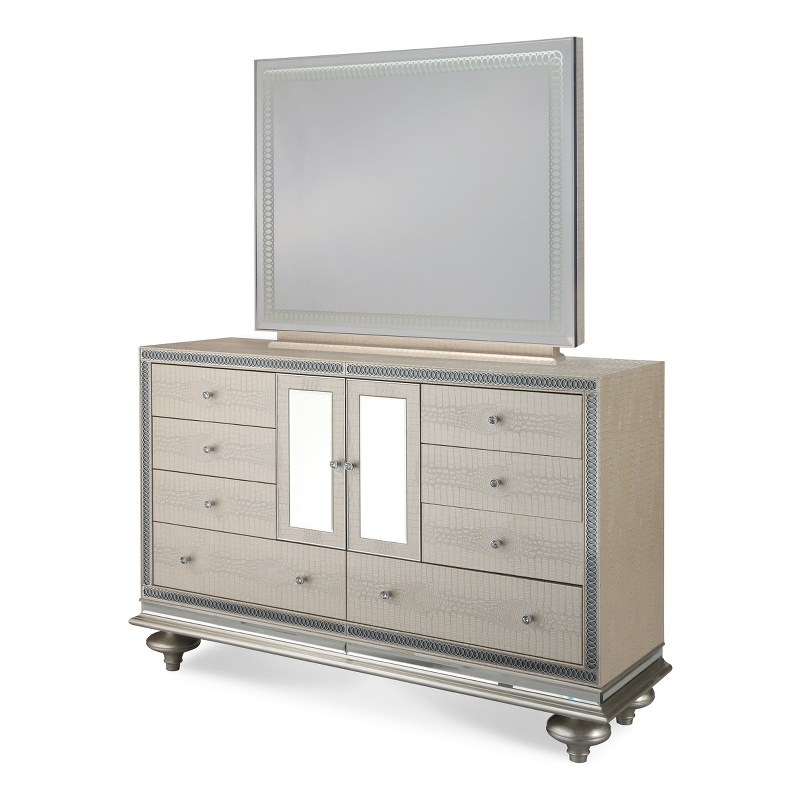 Michael Amini Hollywood Swank Upholstered Dresser with Mirror - Crystal Croc