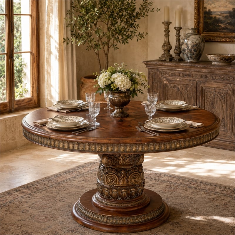 Michael Amini Villa Valencia Round Wood Dining Table - Classic Chestnut