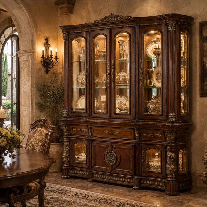 Michael Amini Villa Valencia China Cabinet with Lighting - Classic Chestnut
