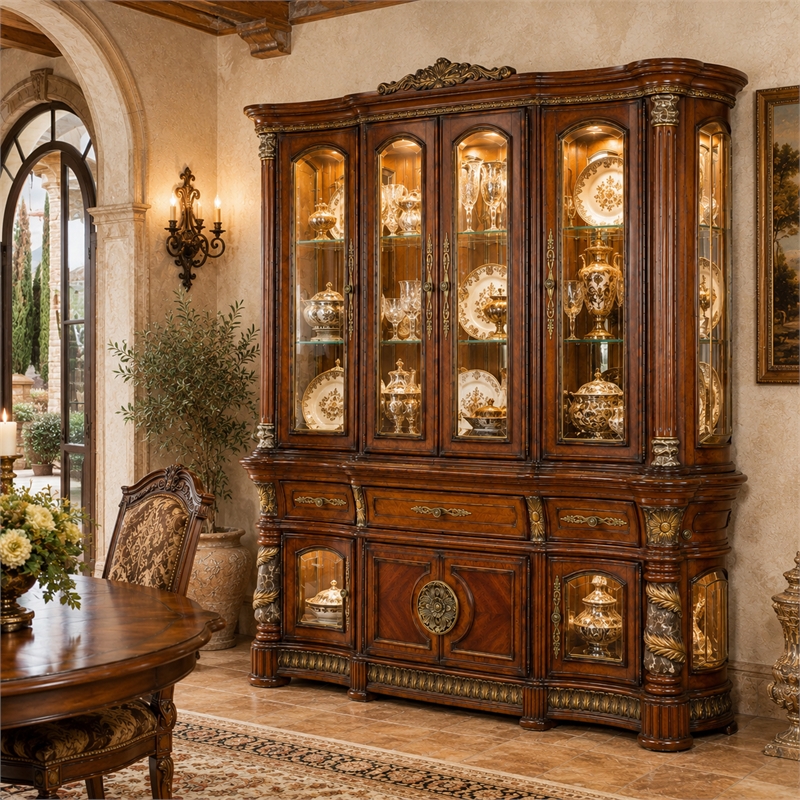Michael Amini Villa Valencia China Cabinet with Lighting - Classic Chestnut