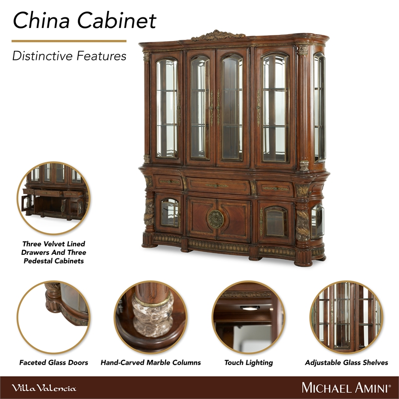 Michael Amini Villa Valencia China Cabinet with Lighting - Classic Chestnut