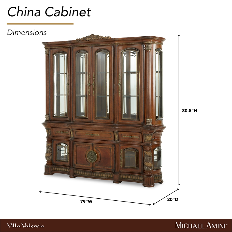Michael Amini Villa Valencia China Cabinet with Lighting - Classic Chestnut