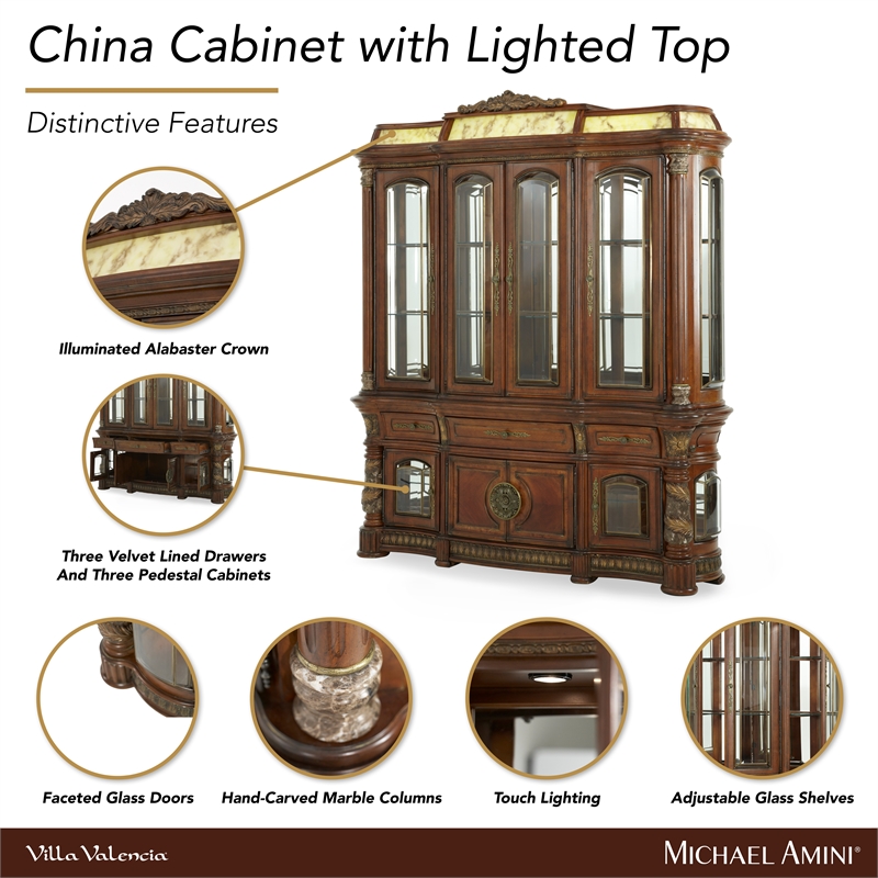 michael amini villa valencia china buffet with lighted top - classic chestnut