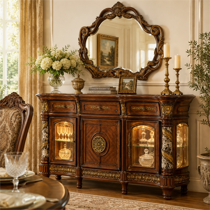 Michael Amini Villa Valencia Wood Sideboard with Mirror Set - Classic Chestnut