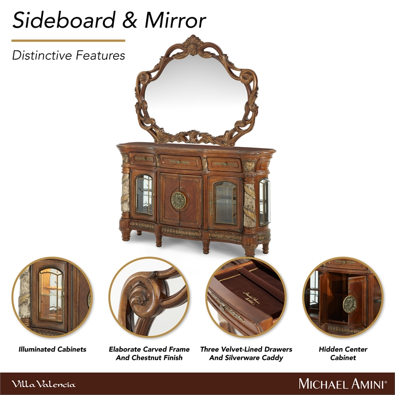 Michael Amini Villa Valencia Wood Sideboard with Mirror Set - Classic Chestnut
