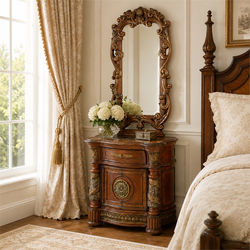 Michael Amini Villa Valencia Wood Bedside Chest with Mirror - Classic Chest