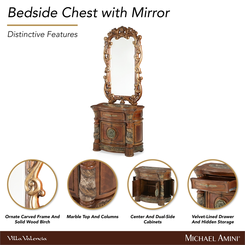Michael Amini Villa Valencia Wood Bedside Chest with Mirror - Classic Chest