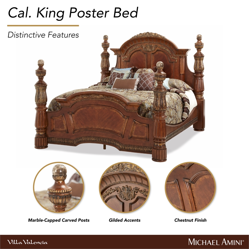 Michael Amini Villa Valencia Cal. King Wood Poster Bed - Classic Chestnut