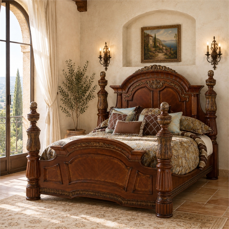Michael Amini Villa Valencia Cal. King Wood Poster Bed - Classic Chestnut