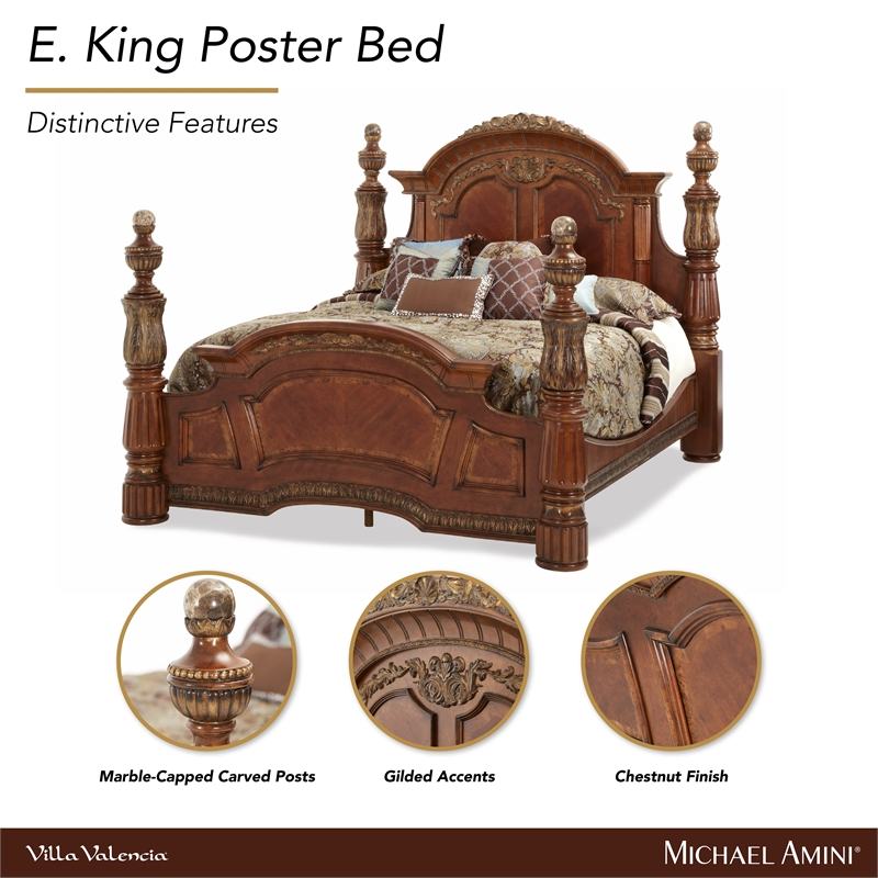 Michael Amini Villa Valencia Eastern King Wood Poster Bed - Classic Chestnut
