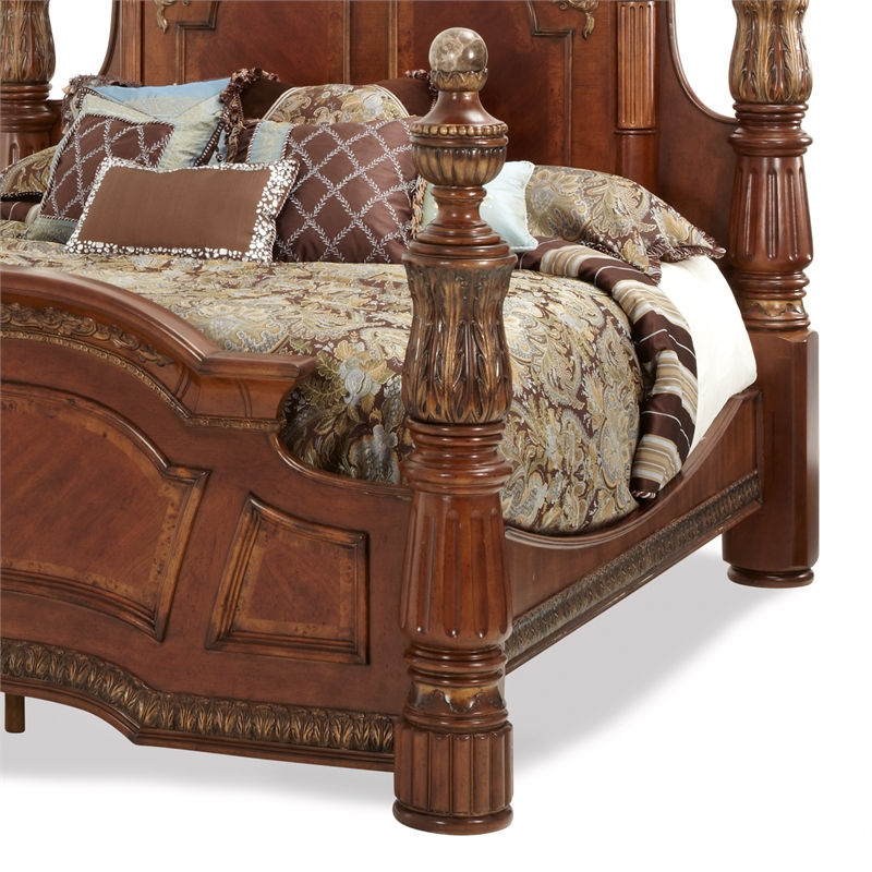 Michael Amini Villa Valencia Eastern King Wood Poster Bed - Classic Chestnut