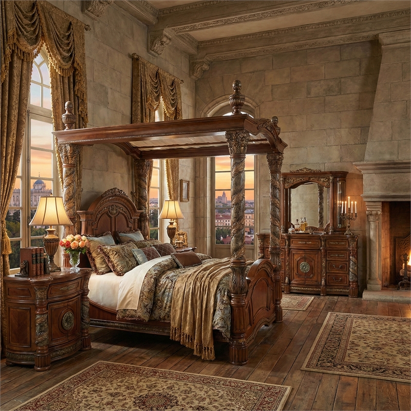 Michael Amini Villa Valencia Cal. King Wood Canopy Bed - Classic Chestnut