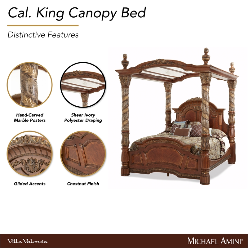 Michael Amini Villa Valencia Cal. King Wood Canopy Bed - Classic Chestnut