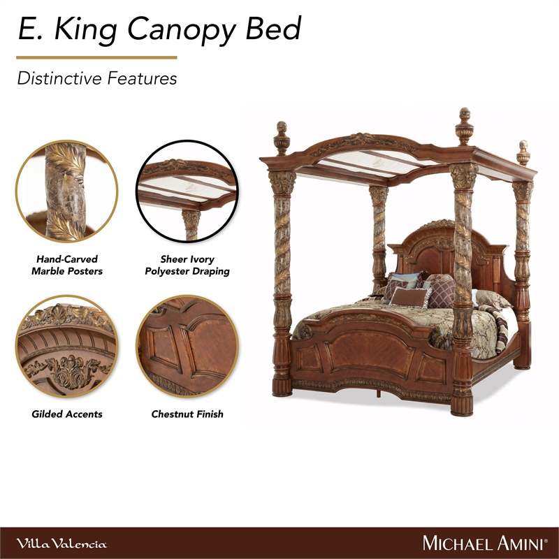Michael Amini Villa Valencia Eastern King Wood Canopy Bed - Classic Chestnut
