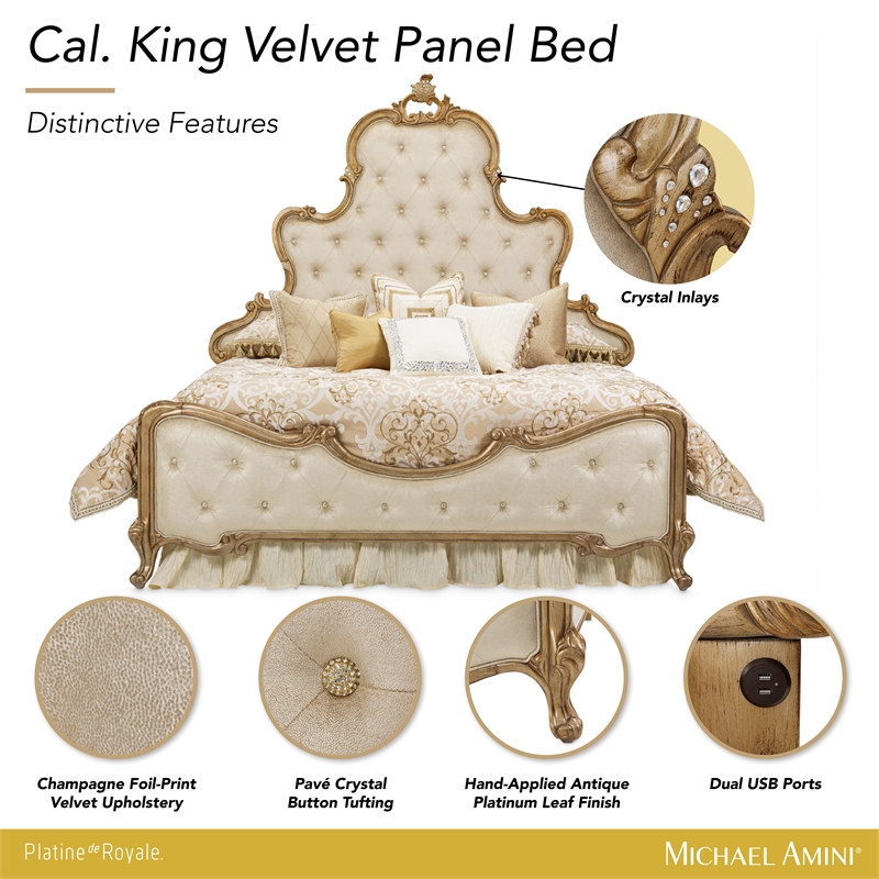Platine de Royale Cal. King Velvet Panel Bed - Champagne Ivory
