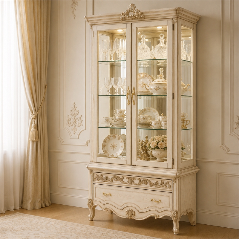 Platine de Royale Wood Curio Display Cabinet with LED Lighting - Champagne Ivory