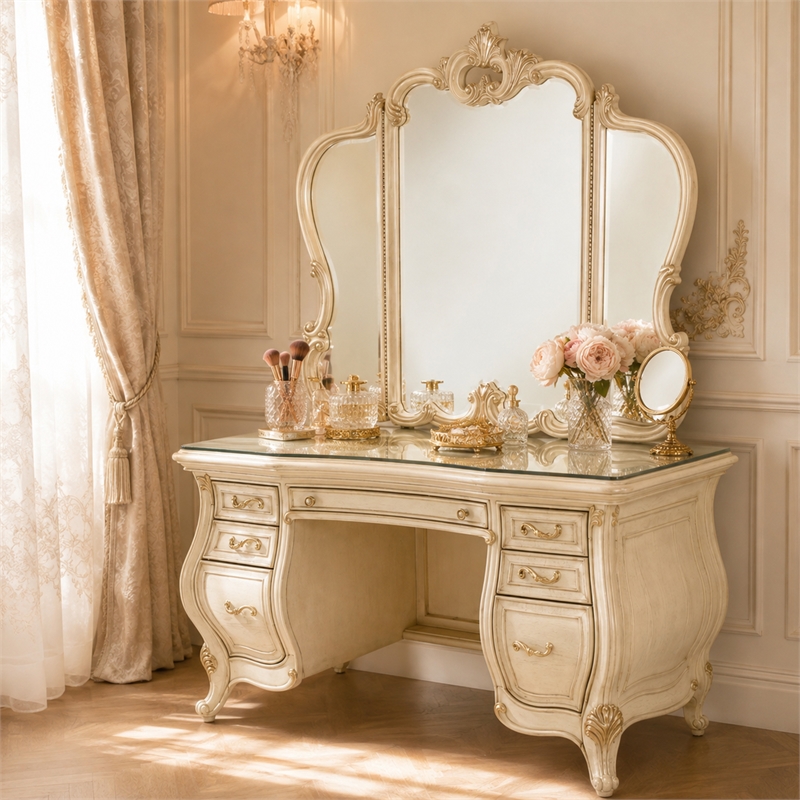 Platine de Royale Wood Vanity and Mirror Set - Champagne