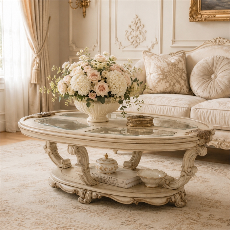 Platine de Royale Wood Oval Cocktail Table - Champagne Ivory