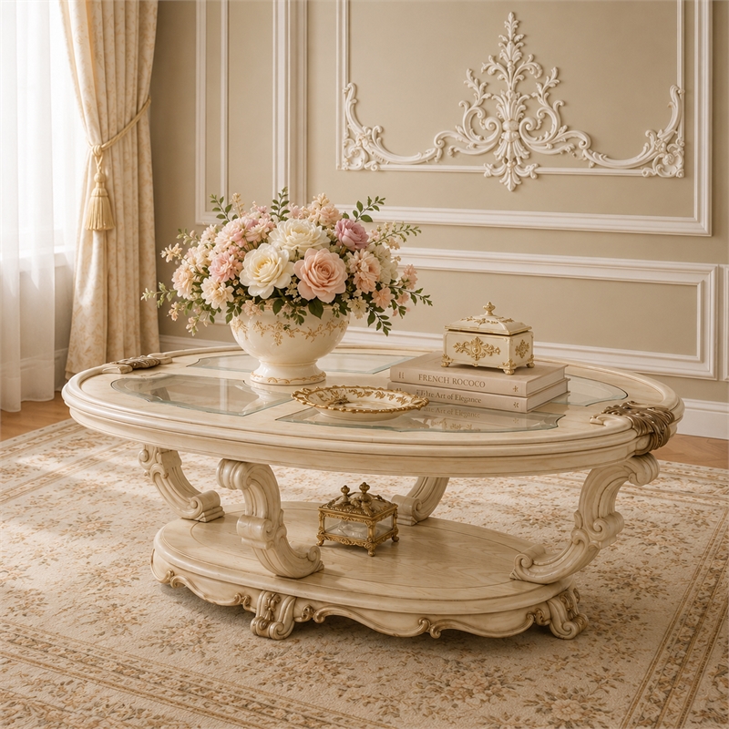 Platine de Royale Wood Oval Cocktail Table - Champagne Ivory