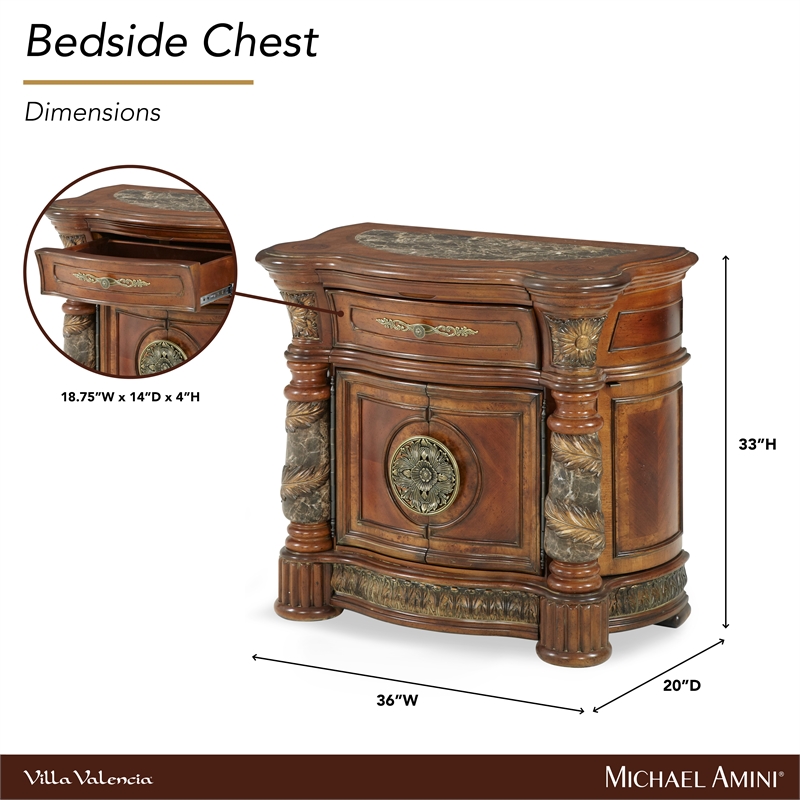 Michael Amini Villa Valencia Wood Bedside Chest - Classic Chestnut