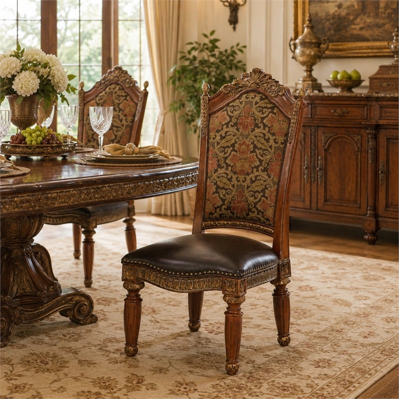 Michael Amini Villa Valencia Wood Dining Side Chair - Set of 2 - Chestnut