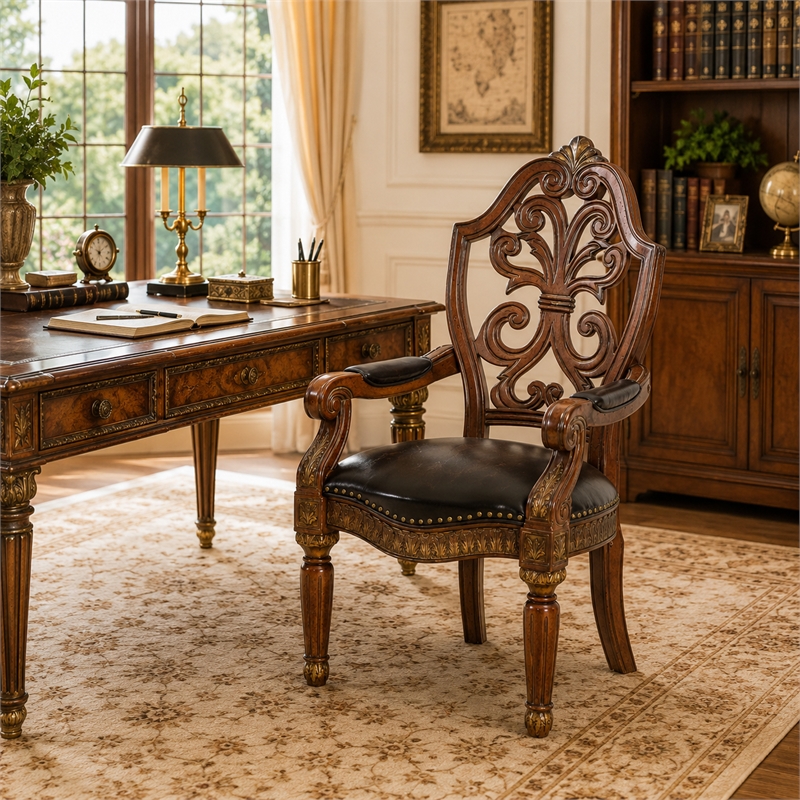 Michael Amini Villa Valencia Wood and Leather Desk Chair - Classic Chestnut