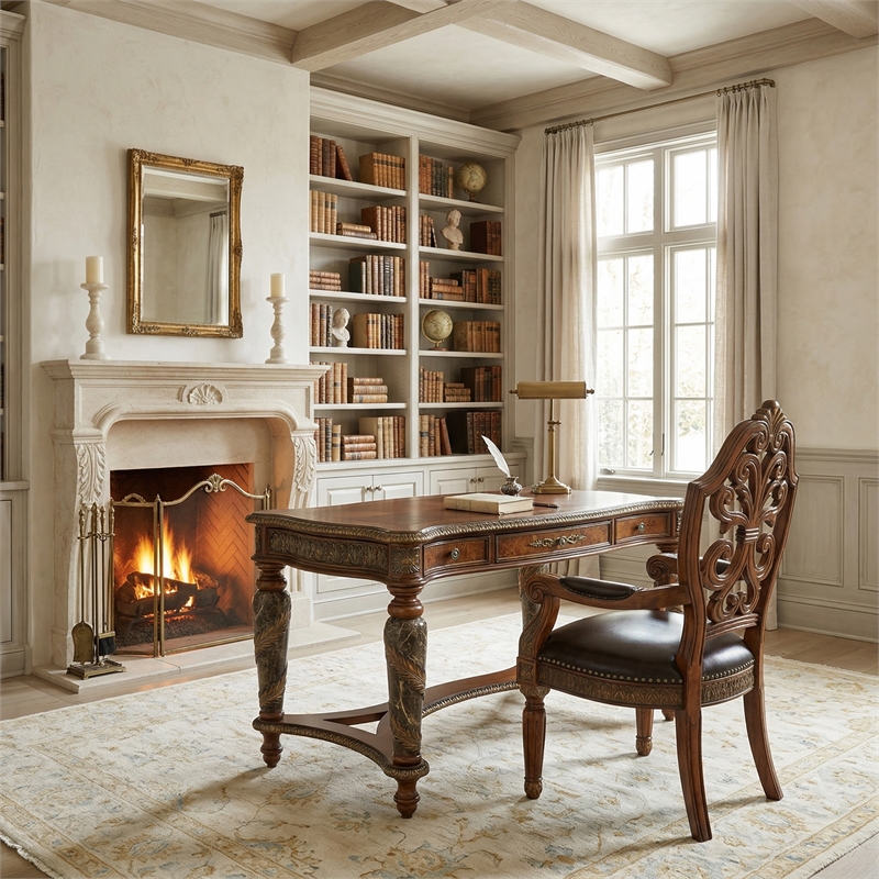 Michael Amini Villa Valencia Wood and Leather Desk Chair - Classic Chestnut