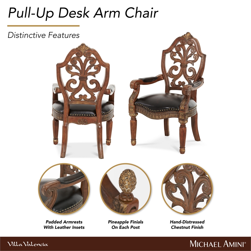 Michael Amini Villa Valencia Wood and Leather Desk Chair - Classic Chestnut