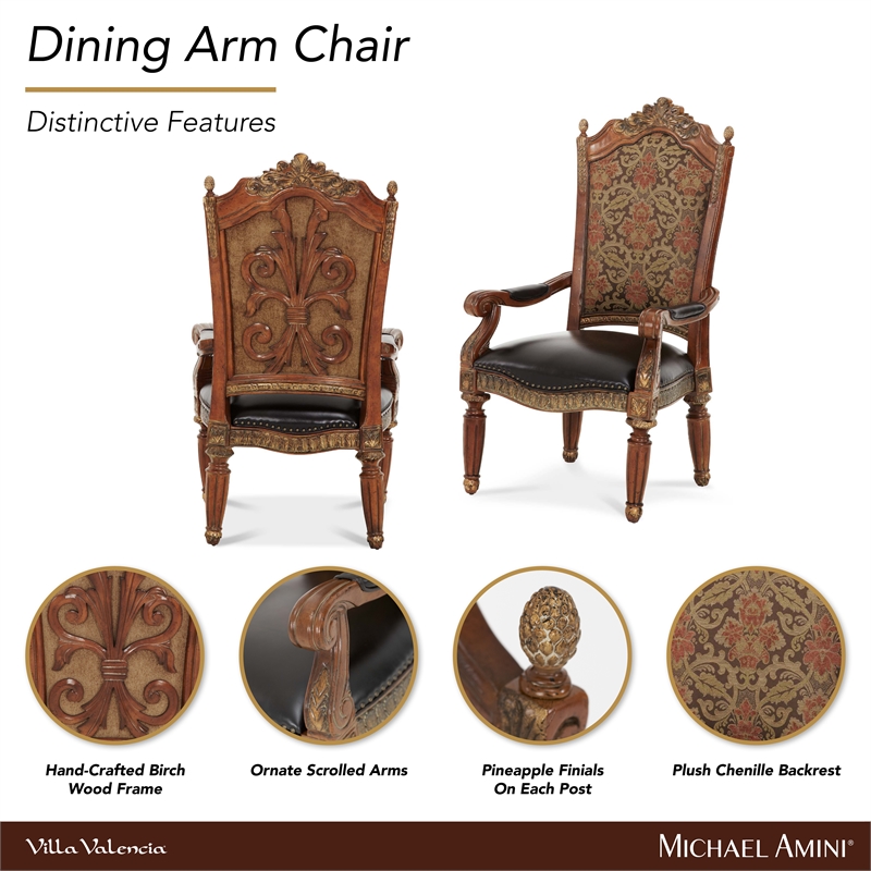 Michael Amini Villa Valencia Wood Dining Arm Chair - Set of 2 - Classic Chestnut