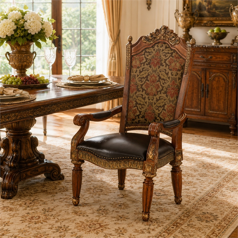 Michael Amini Villa Valencia Wood Dining Arm Chair - Set of 2 - Classic Chestnut