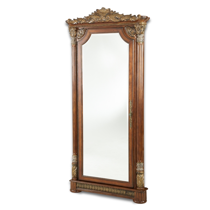 Michael Amini Villa Valencia Wood Floor Mirror with Storage - Classic Chestnut