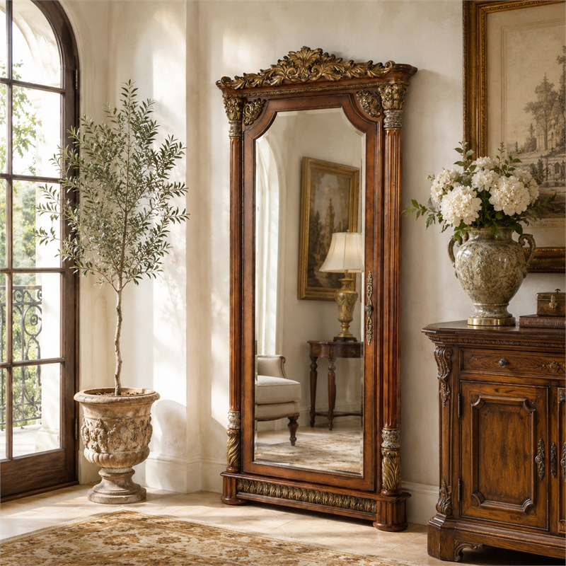 Michael Amini Villa Valencia Wood Floor Mirror with Storage - Classic Chestnut