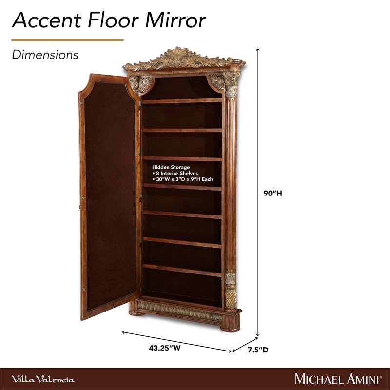 michael amini villa valencia wood floor mirror with storage - classic chestnut